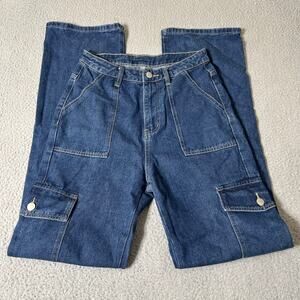 Shein Jeans Womens S‎ Blue High Rise Straight Leg High Rise Cargo Jeans